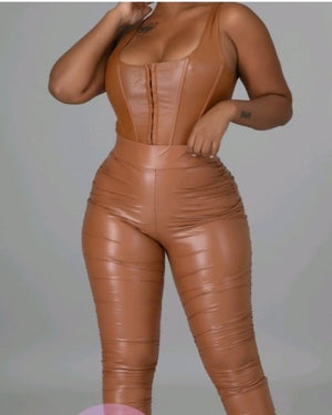 Camel Faux Leather Pants Set (Size Up)